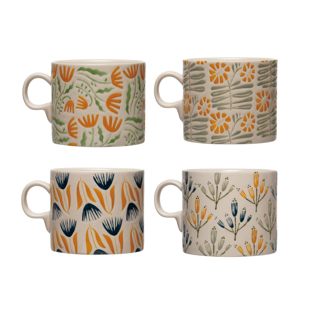 18oz. Multicolor Hand-Painted Stoneware Mug Set with Wax Relief Flower Design